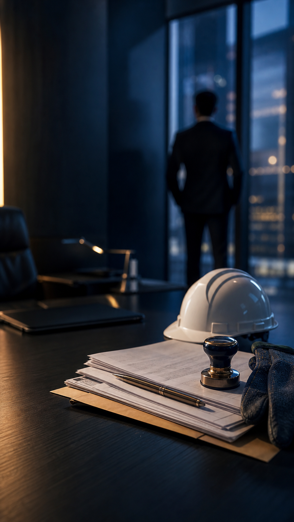 Capacete de segurança e documentos sobre uma mesa, com a silhueta de um advogado trabalhista ao fundo observando a cidade